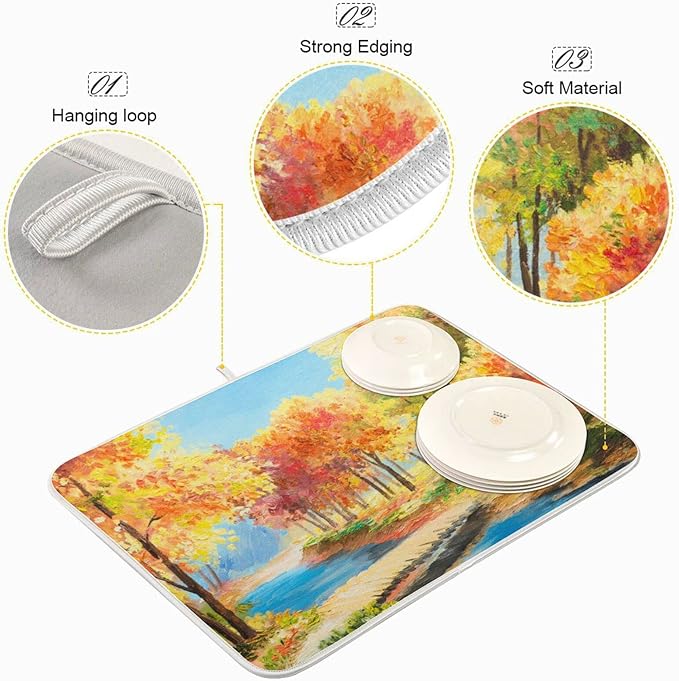 Absorbent Dish Drying Mat for Kitchen Counter - Forest Oil Painting Autumn Microfiber Drying Pad, Reversible Drainer Mats for Countertop, Small 16" x 18"