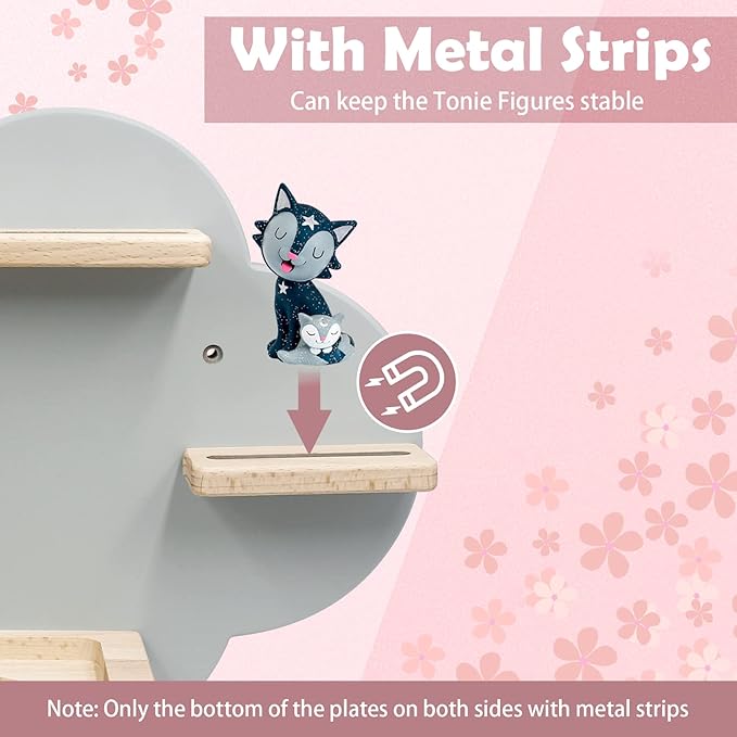 Wall Shelf (Cloud) for Toniebox, Charging Station and 12-18 Tonie Figures, Magnetic Wooden Floating Shelf Compatible with Toniebox MP3 Audio Player & Character, Storage Rack for Kids Play Room