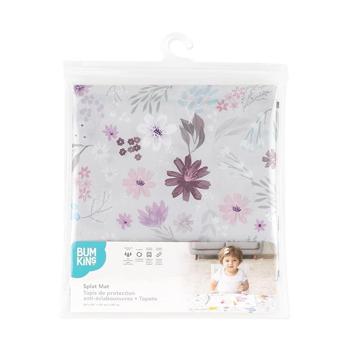 Bumkins Baby Splat Mat for Under High Chair, Babies Toddlers Eating Mess Mat, Waterproof Reusable Cloth for Arts and Crafts, Playtime Mat for Kids, Floors or Tables, Fabric 42inx42in, Floral Gray