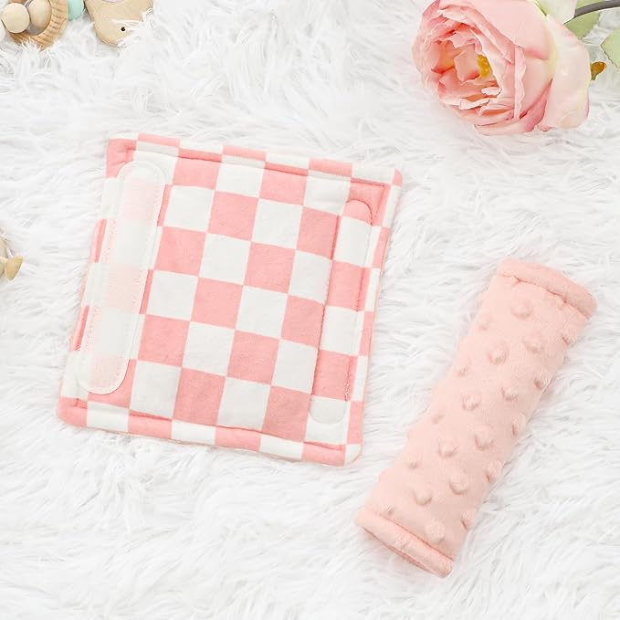 DILIMI Baby Car Seat Belt Covers, 2Pcs Carseat Shoulder Strap Pads, Soft Minky Car Seat Neck Covers, Newborn Car Seat Strap Protectors, Stroller Strap Covers for Baby Kids, Pink Checkered