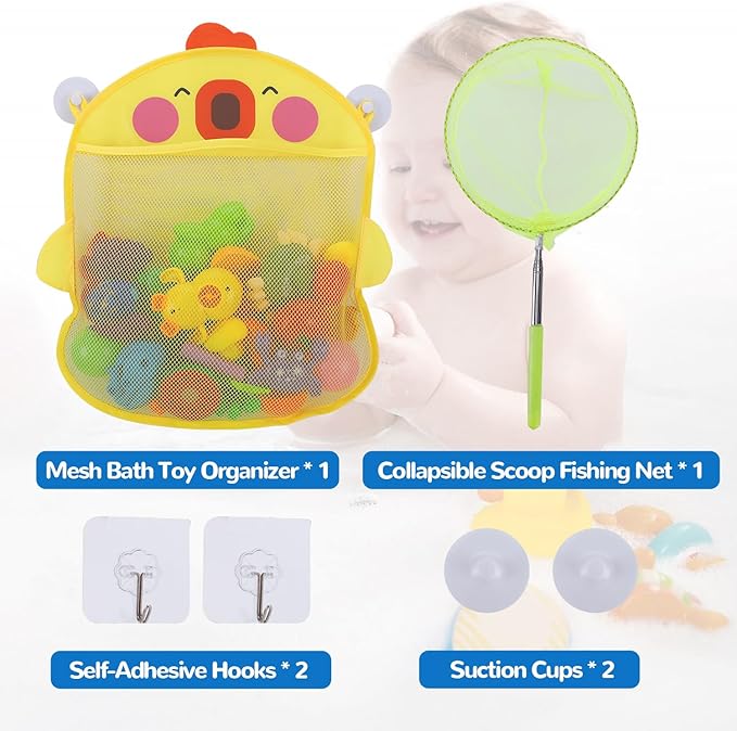 Mesh Bath Toy Organizer & Scoop Set, Cute Bathtub Toy Organizer Net + Bath Toy Scoop + 2 Strong Hooks for Kids & Toddlers Shower Bath Toy Storage