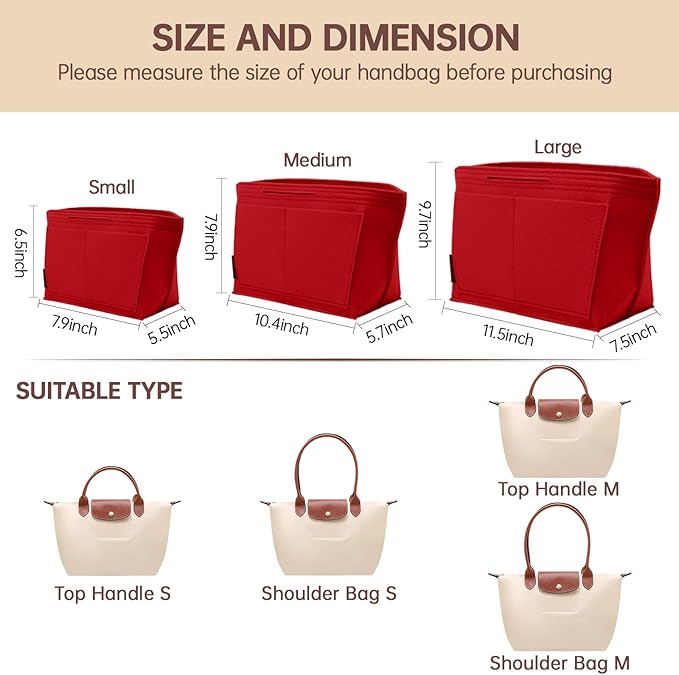OPPOSHE Purse Organizer Insert for Longchamp Le Pliage, Premium Felt Long Champ Bag Handbag Women, Tote Organizer Insert with 9 Compartments (Large, Red)