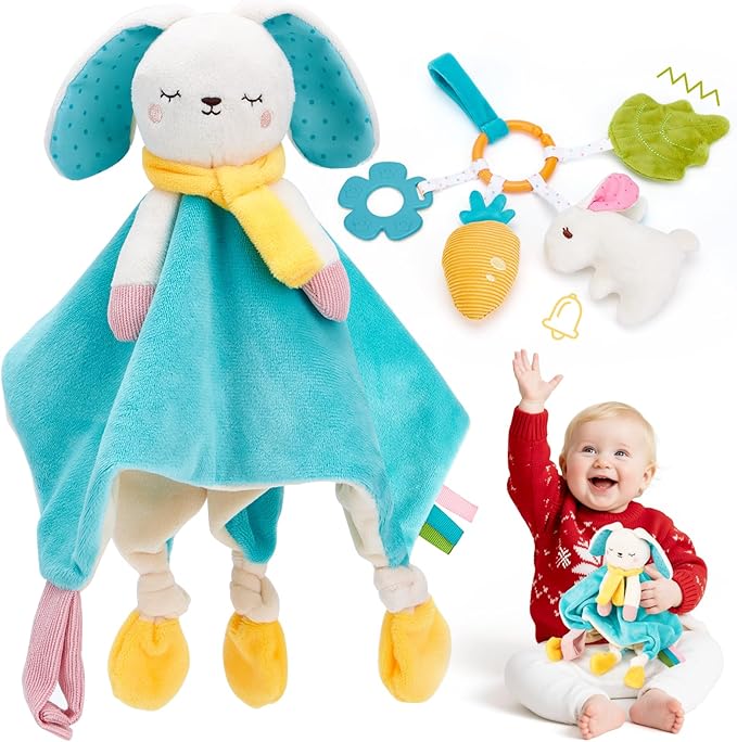 hahaland Baby Lovey Security Blanket, Plush Hanging Sensory Toy with Teether, Rattle & Crinkle for Infant 0-3-6-12 Months, Christmas Set for Boys Girls Snuggle & Play