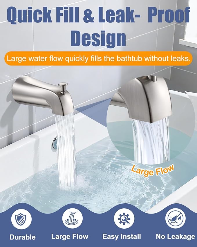 Universal Bathtub Tub Spout with Diverter, Fits 1/2" Slip-Fit Copper Pipe and 1/2" IPS & 3/4" IPS Thread Connections,Bathroom Tub Faucet Replacement with Adapters,PTFE Tape &Hex Wrench(Brushed Nickel)