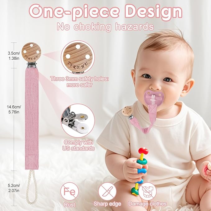 TYRY.HU Ribbon Baby Pacifier Clip Holder, Binky Paci Holder Clips, Pacifier Leash, Soft Webbing Strap, Universal Binky Leash, 2 Pack, Rose, Purple