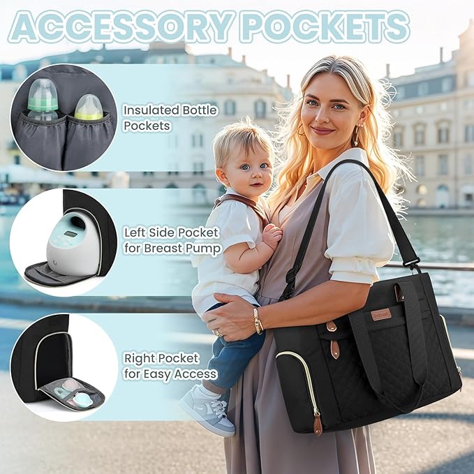 Pritent Diaper Bag Tote for Working Mom, Large Travel Diaper Tote for Mom and Dad with 14 Inch Laptop Sleeve, Mommy Maternity Travel Baby Bag for Boys and Girls, Black