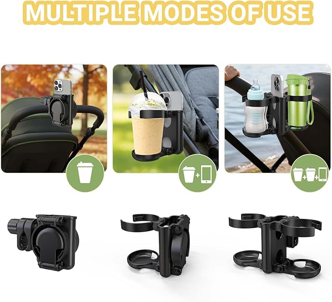 ZealSound Stroller Cup Holder, 3-in-1 Bottle Holder with Phone Holder for Wheelchair, Stroller, Bike, Walker, Scooter, Foldable Universal Drink Holder for Uppababy, Bugaboo, Nuna, Doona