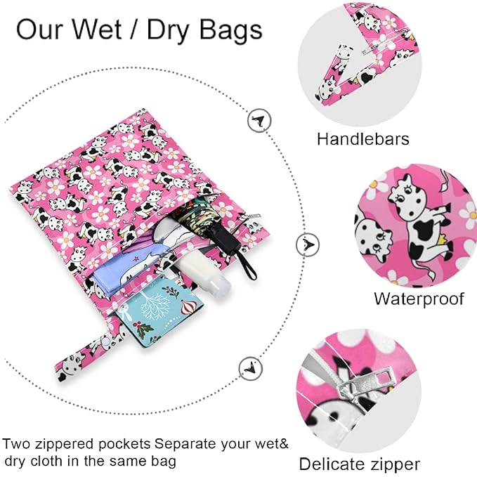 visesunny Cute Cow Flower 2Pcs Wet Bag with 2 Zippered Pockets Snap Handle Washable Reusable Roomy for Travel,Beach,Pool,Daycare,Stroller,Diapers,Dirty Gym Clothes, Wet Swimsuits, Toiletries