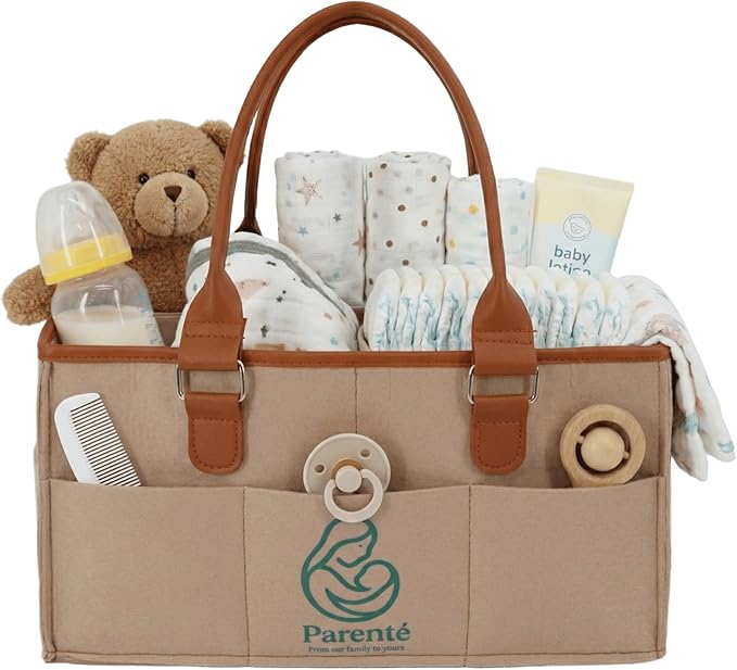 Parenté Diaper Caddy Organizer—Portable Baby Caddy for Baby Stuff, Newborn Essentials Must-Haves, Caddy Organizer with Handle, Ideal Baby Shower Gifts, Nursery Storage Basket for Diapers & Wipes