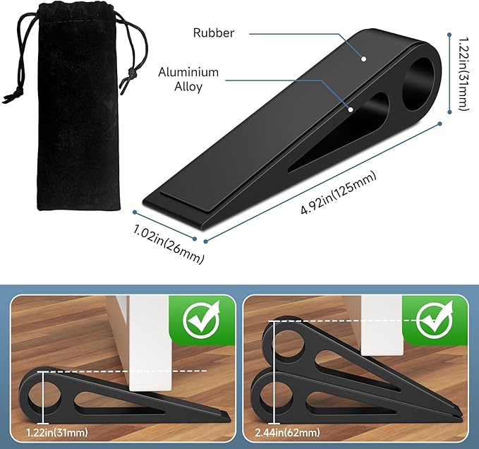 2 Pcs Heavy Duty Door Stopper for Bottom of Door, Aluminum & Rubber Door Stop Wedge- Keep Doors Open in Home, Apartment, Office, Hotel, 4.92L*1.02W*1.22H Inch,Black