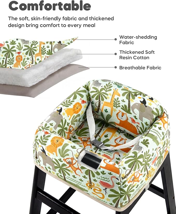 Mamatepe Baby High Chair Cover with Strap Pads & 2-Point Harness - Machine Washable, Waterproof, Portable for Restaurant/Travel/Home - Fits Wooden High Chairs, Green Forest