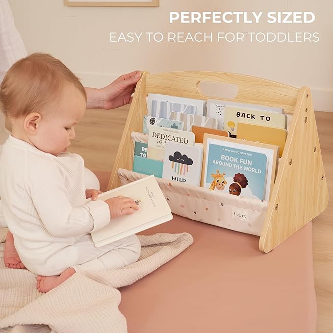 ZICOTO Decorative Wooden Bookshelf with Handle for Kids Rooms - Keeps Books Neatly Organized & Within Reach for Toddlers - Easy Install Montessori Book Shelf for Baby's Bedroom or Playroom Decor