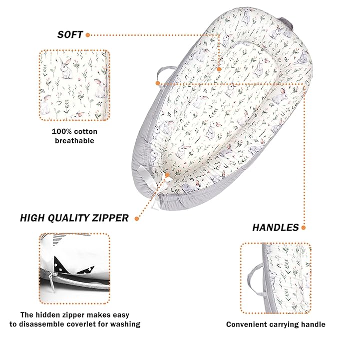 HOUSEYUAN Baby Lounger Replaceable Cover Baby Nest Backup Cover 100% Cotton Breathable Machine Washable (Rabbit)