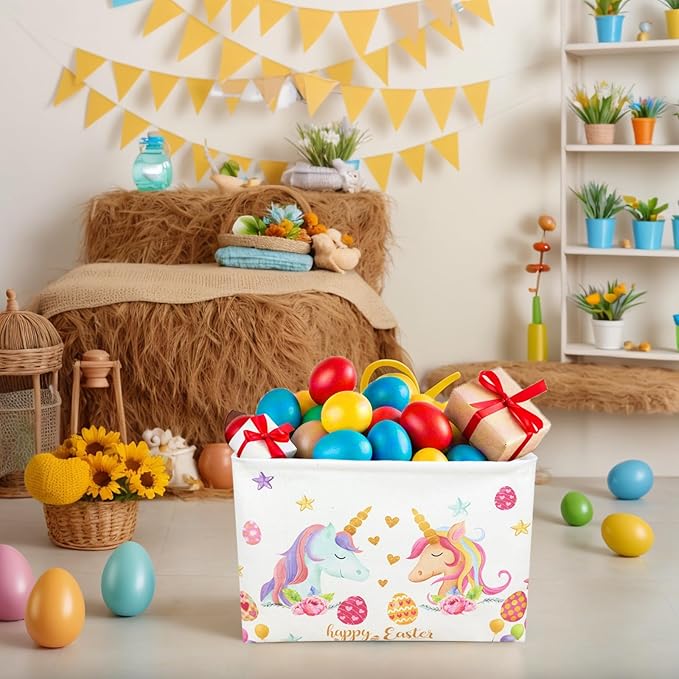 ASKETAM Unicorn Easter Basket for Kid Large Empty Rectangular Cute Easter Gift Storage Basket Bunny Eggs Décor (Unicorn)