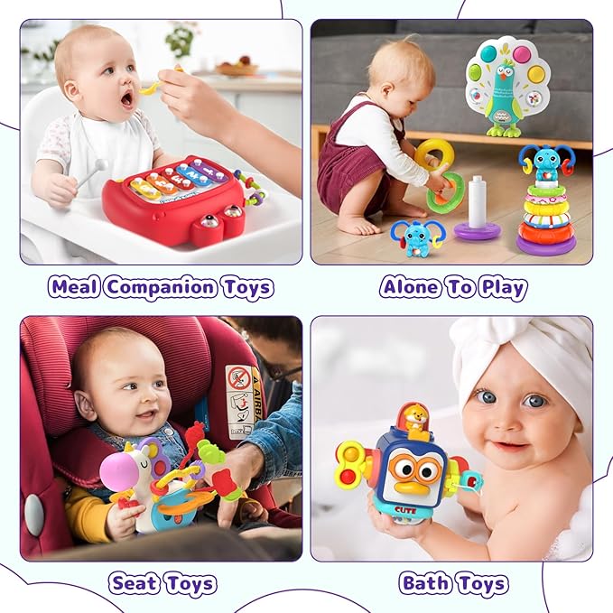 usrela 5 in 1 Baby Toy for 12 18 Month, Learning Toys for Babies 12-18 Months, Baby Busy Cube, Stacking&Sensory, Pull String&Piano Xylophone Toy, Birthday Gift for 12+ Month