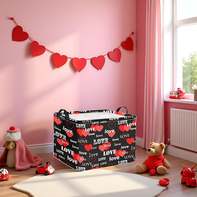 TIBAOLOVER Rectangular Valentines Basket for Home Kitchen Girls Cute Kids Storage Bin Organizer Shelf Book Room Decor(Black Red Love)