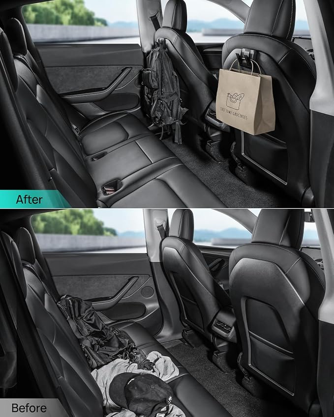 2 Pack Foldable Car Seat Hooks for Tesla Model Y Model 3 Accessories 2026 2025 2024 2023 2022 2021 (Includes Model Y Juniper and Model 3 Highland), Anti-Drop Purse Holder Seat Back Hanger (Black)