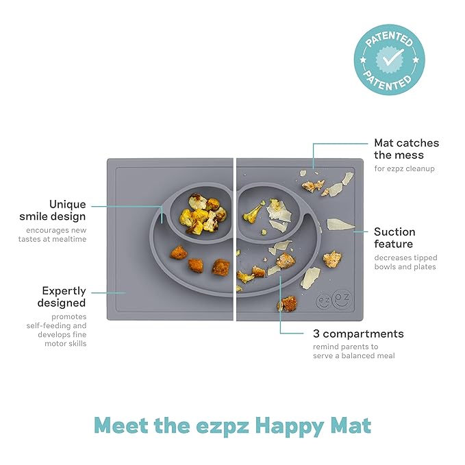 ezpz Happy Mat (Gray) - 24 Months+ - 100% Silicone Suction Placemat + Divided Plate with Three Compartments - Toddler + Preschool Essentials