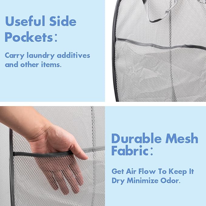DUCOO Pop Up Laundry Hamper, 70L Collapsible Mesh Laundry Basket with Side Pocket, Foldable Dirty Clothes Hamper with Sturdy Reinforced Handles for Home Dorm Bedroom Travel Bathroom Storage, Gray