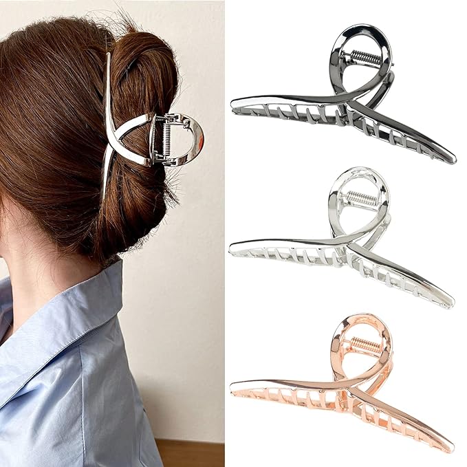 FAELBATY Hair Clip Claws Set of 3 (Glossy Silver, Dark Grey, Rose Gold) - Glossy Metal Hair Clips, Large Hair Accessories for Women and Girls, Strong Hold Barrette, 3 Pcs