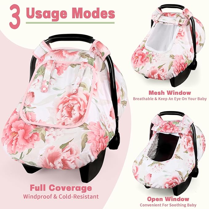 Car Seat Cover Baby, HNHUAMING Infant Car Seat Covers Canopy for Baby Girl Boy, Cozy & Windproof Newborn Carseat Covers Mink Dot Backing Stroller Cover with Breathable Mesh Window, Pink Flower