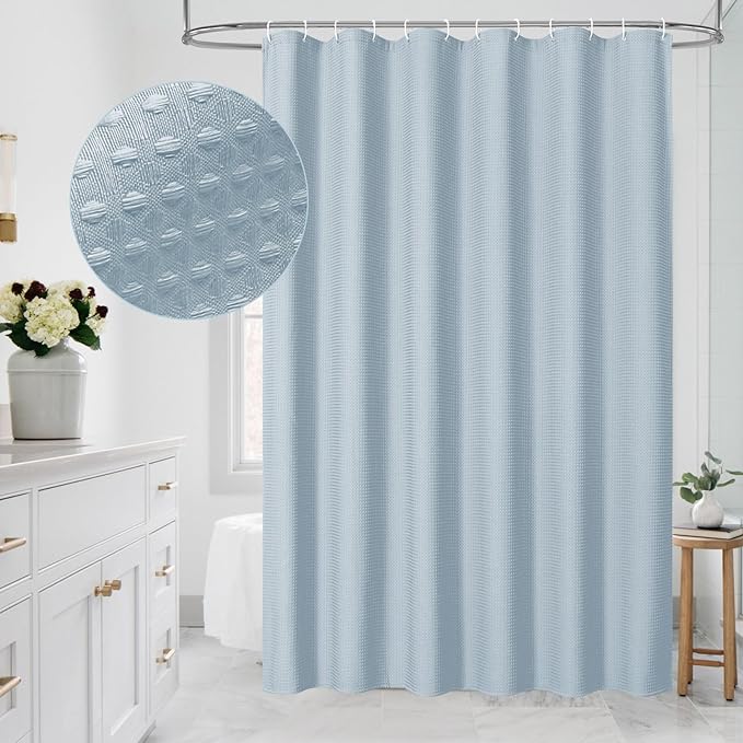 MitoVilla Blue Waffle Small Stall Shower Curtain 36 x 72, Half Size Fabric Narrow Shower Curtains for Bathroom Decor, 36 inch Weighted Shower Curtain Set with Plastic Hooks, Fog Blue