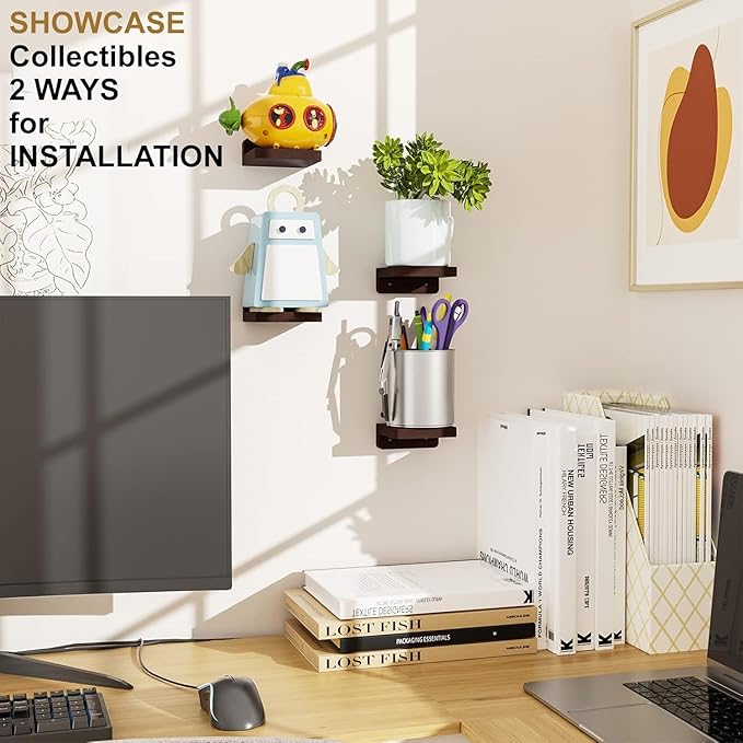 SRIWATANA Small Floating Shelves Wall Mounted, Wood Shelf for Decoration and Storage Set of 4, Mini Display Shelf for Bedroom, Bathroom, Kitchen, Office (Walnut, 4 inch) (Pack of 2)