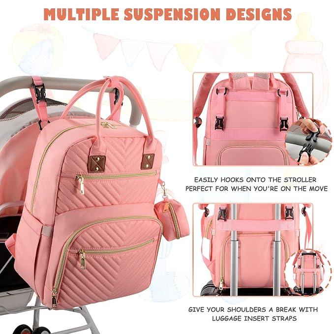 Tenot Baby Diaper Bag Backpack, Travel Diaper Bags for Baby Girl Boy Large Capacity Baby Bag Backpack for Women Light Pink