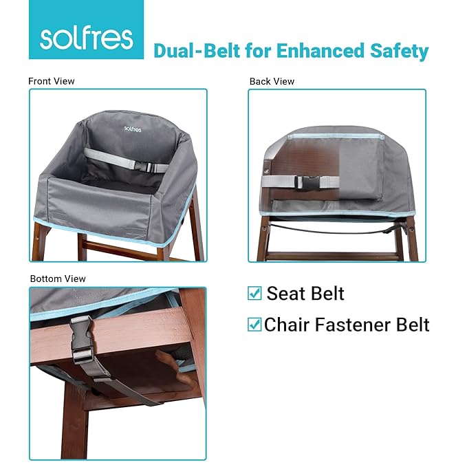 Dual-Belt Baby High Chair Cover, Upgrade Version, for Wooden or Restaurant High Chair, Sturdy and Robust Material, Waterproof Washable Stain and Slip Resistant, Gray