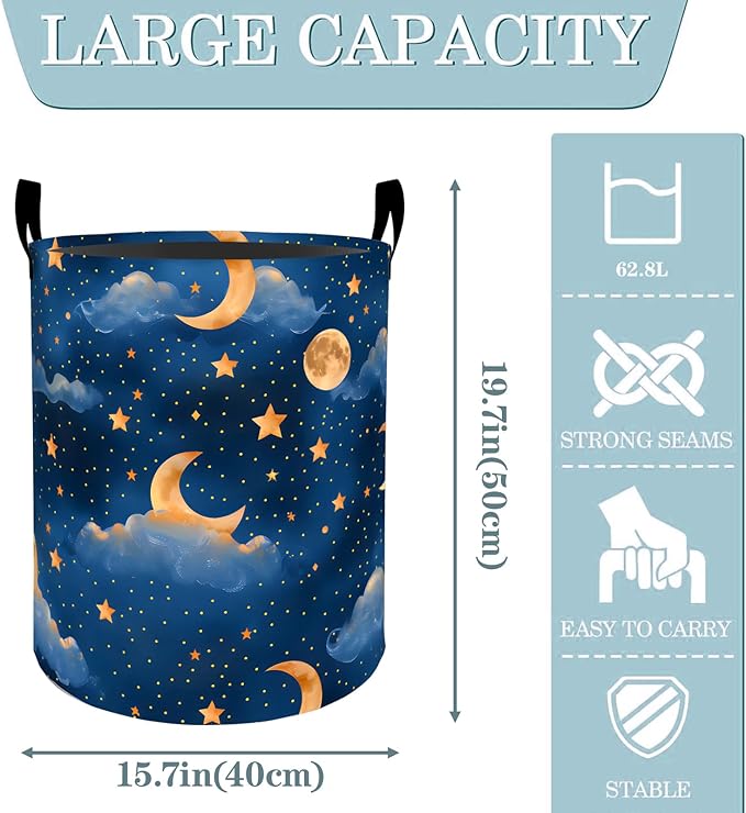 VODRM Moon and Star Night Sky Laundry Basket, Dirty Collapsible Clothes Toy Organizer Hamper for Kids Adults, Oxford Cloth Waterproof Storage Bin for Bedroom Bathroom Home Decor Gifts, 19.7"X15.7"