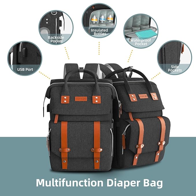 ISMGN Diaper Bag Backpack with Changing Station, Large Diaper Bag, Baby Bag, Multifunctional Diaper Bag, Black