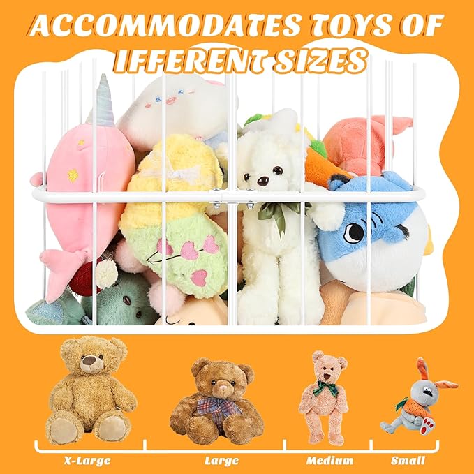 Stuffed Animal Storage Plush Toy Organizer Rolling Stuffed Animal Holder with Wheels Large Stuffed Animal Storage Zoo, Elastic Band for Playroom Bedroom Nursery, Large Capacity, White