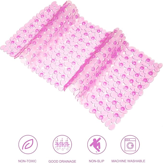 Bath Tub and Shower Mats, Non-Slip Pebble 35 x 16 Inches Machine Washable Bathtub Mat with Drain Holes, Suction Cups for Bathroom (Clear Pink)