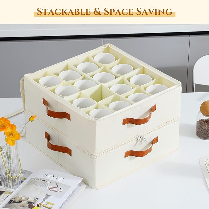 Foyego 2 Pack Coffee Mug Storage Box with Dividers, Stackable China Storage Containers with Lid, Zipper, and Handles for 32 Coffee Mugs and Cups, Mug Storage Organizer for Packing & Moving, Beige