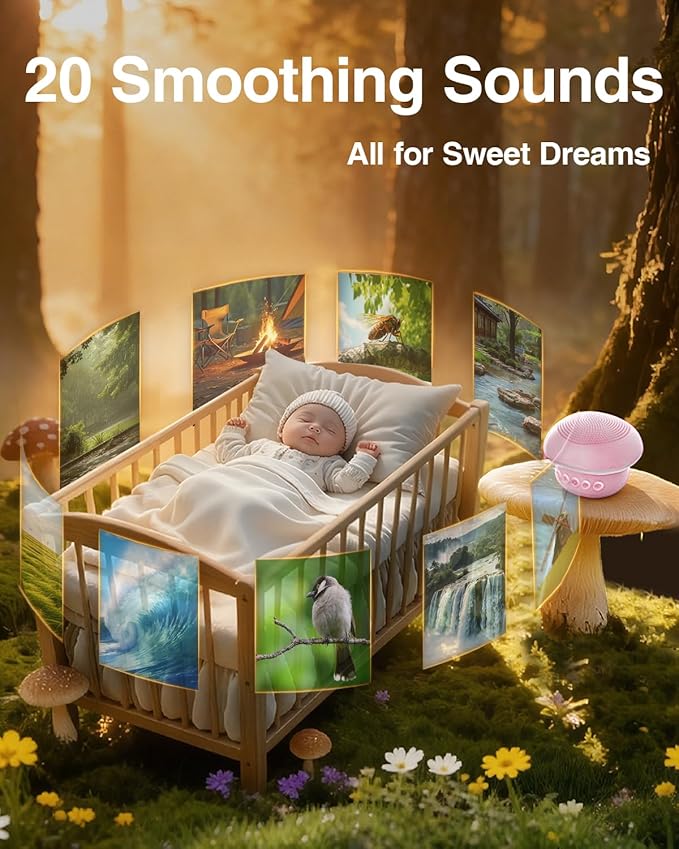 Portable White Noise Sound Machine for Baby Adults, 20 Soothing Sound & 30-Level Volume, 48H Runtime with 30/60/90min Timer, Memory Recall, Soft Night Light for Sleep, Home, Travel, Easy to Pocket