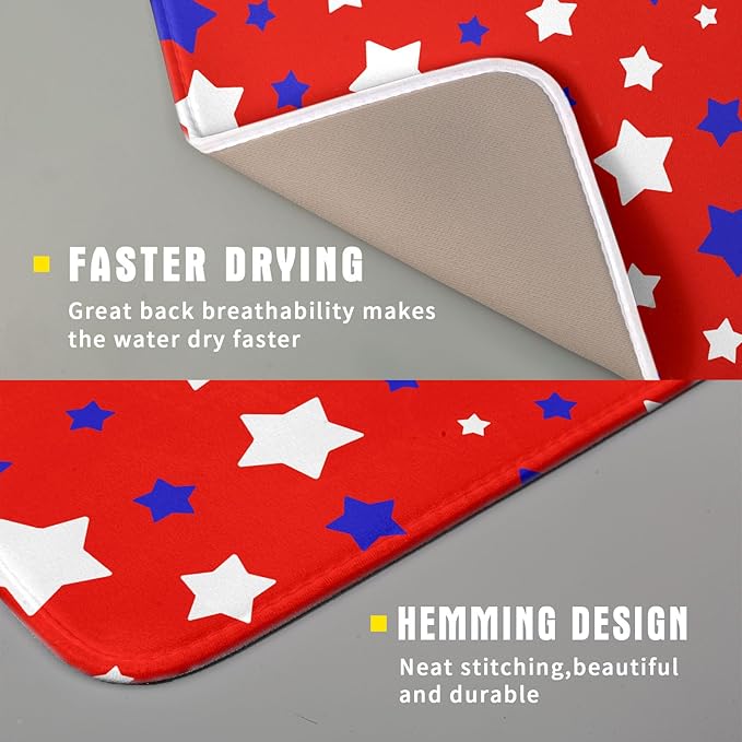 Fourth of July Independence Memorial Dish Drying Mat for Kitchen Counter,Blue White Star Patriotic Red Drying Mat 16 x 18 Inch with High Absorbent Microfiber Dish Drying Mat for Coffee Bar
