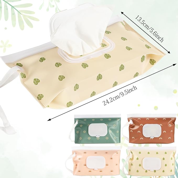 FEBSNOW 4 Pack Baby Wipes Dispenser Portable Wipes Container Refillable Wipes Holder for Diaper Bag Boho Baby Wet Wipe Pouches Reusable Tissue Case for Home Travel Outdoors