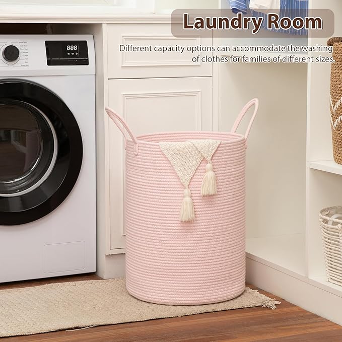 OIAHOMY Large Laundry Basket Hamper - 60L Cotton Rope Woven Basket for Blankets, Toys, Clothes - Tall Decorative Nursery Hamper with Long Handles, Pink