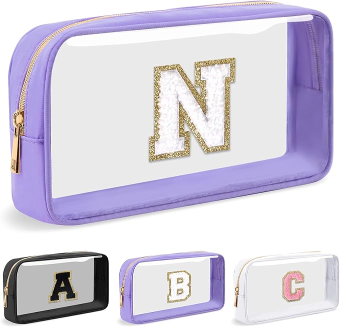 Personalized Initial Letter Clear Makeup Bag,Preppy Small Nylon&PVC Cosmetic Zipper Bag with Chenille Letter,Travel Skincare Toiletry Bag,Monogram Christmas Gift for Teen Girls Women,N