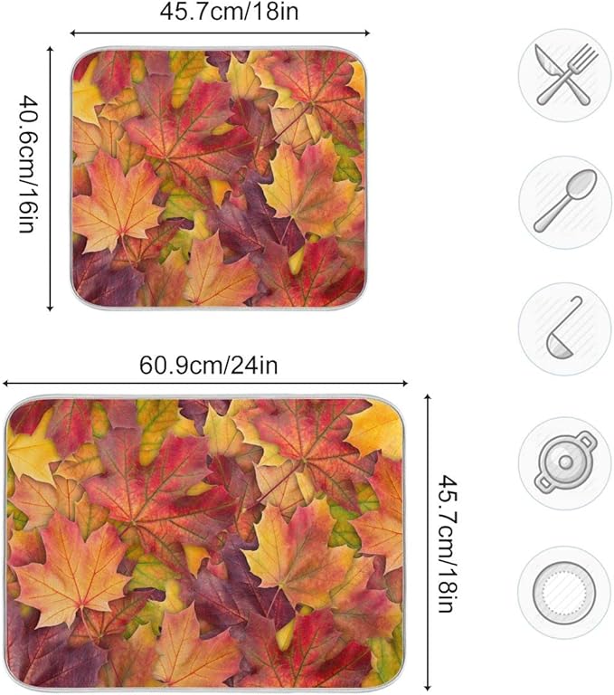 Colorful Autumn Maple Leaves Dish Drying Mat for Kitchen Counter Fall Drying Mat 18 x 24 Inch with Absorbent Reversible Microfiber Dish Drying Pad Dish Rack Drainer Mats for Coffee Bar