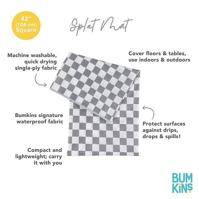 Bumkins Baby Splat Mat for Under High Chair, Babies Toddlers Eating Mess Mat, Waterproof Reusable Cloth for Arts and Crafts, Playtime for Kids, Floors or Tables, Fabric 42inx42in, Gray Check
