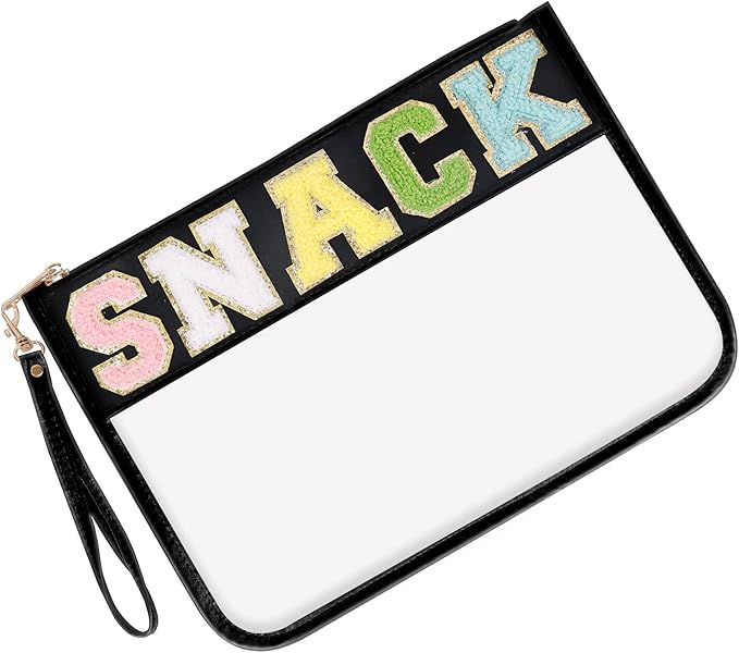 Iqimott Chenille Letter Clear Bag Snack Pouch, Monogram PVC & PU Makeup Cosmetic Bag Zipper Toiletry Pouch, Waterproof Portable Purse Travel Beach Snack Wristlet Bags for Women Girls(Snack, Black)