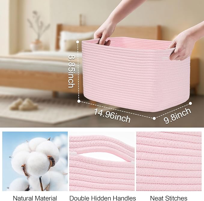 Degeyoyo Woven Storage Baskets, Pink Baskets for Organizing, 3 Pack Woven Basket for Storage, Storage Baskets for Shelf, Towel, Toy, Book, Closet, Baby 15"×10"×9"