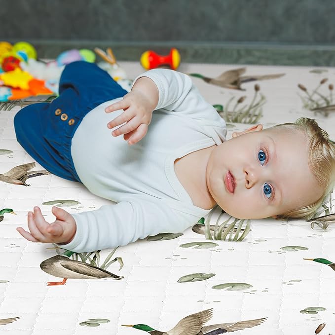 Funtery 43 x 43 Inch Mallard Duck Baby Playmat Portable Crawling Washable Foldable Tummy Time Non Slip Baby Floor Large Playpen Mat for Infants Toddlers Floor Playpen Activity