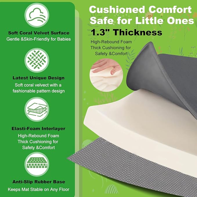 1.3" Thick Baby Play Mat for Floor, Elasti-Foam 50x50 Playpen Mat, Water Repellent Ultra Soft Coral Velvet Tummy Time Crawling Mats for Kid Toddlers Infants, Non-Slip Backing Safe for Earth Tones