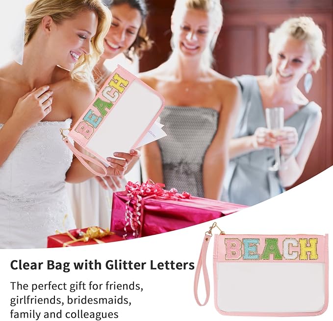 Iqimott Chenille Letter Clear Bag Beach Pouch, Monogram PVC & PU Makeup Cosmetic Bag Zipper Toiletry Pouch, Waterproof Portable Travel Snack Wristlet Bags for Women Girls(Beach, Pink)