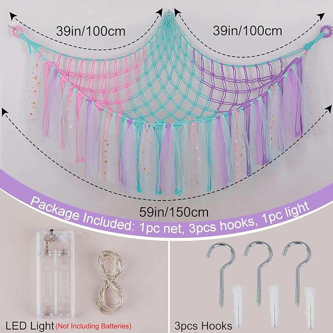 FIOBEE Stuffed Animals Net or Hammock with LED Light, Toy Hammock Hanging Stuffed Animals Storage Organizer Holder Room Décor for Nursery Kids Bedroom
