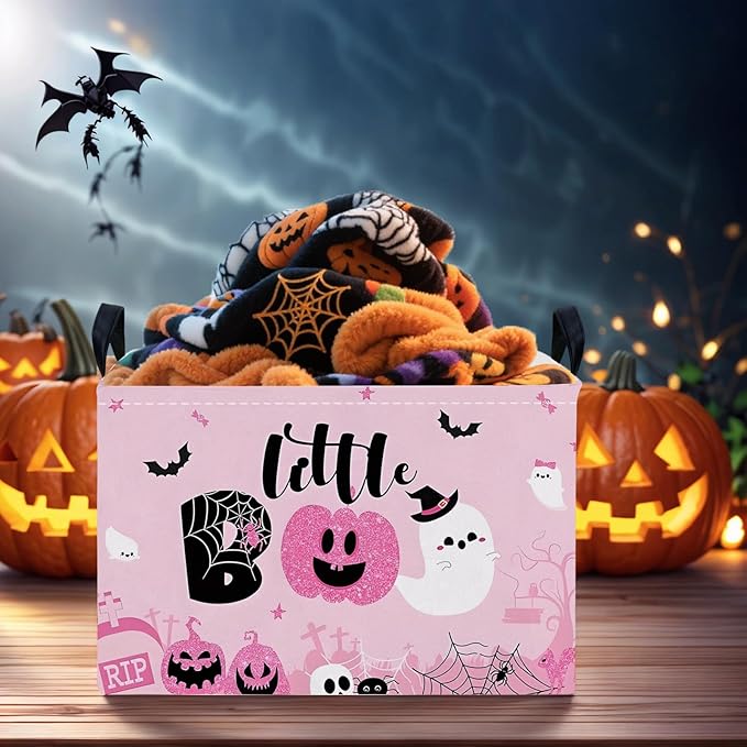 ASKETAM Halloween Basket Gift Cute Pumpkin Ghost Parties Decor Kid Trick or Treat Basket for Boys and Girls Rectangular Storage Bin Box (Pink)