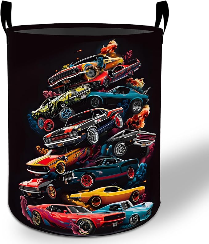 Muscle Car Laundry Basket Hamper 19.7"x15.8", Racing Foldable Waterproof Oxford Clothes Storage Bucket for Room Bathroom Bedroom Nursery Decor, Toy Organizer Bins Gifts for Kids Boys Girls