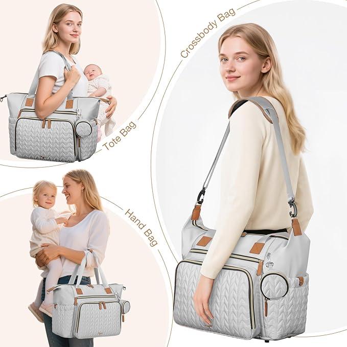 Tonyeee Diaper Bag Tote, Large Diaper Bags Waterproof, Hospital Bag for Labor Delivery, Baby Bag with Pacifier Case, Travel Diaper Tote with Changing Pad, Grey